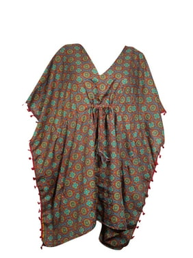 Mogul Women's Short Caftan Dress Kimono Sleeves Printed Pom Pom Tassel Resort Wear Cover Up Tunic Kaftan S/M/L