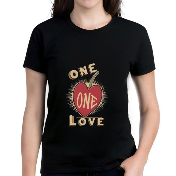 Cotton Short Sleeve T-Shirt with Bold Red Heart Graphic 'ONE' in Yellow Letters 'LOVE' Below Light Design