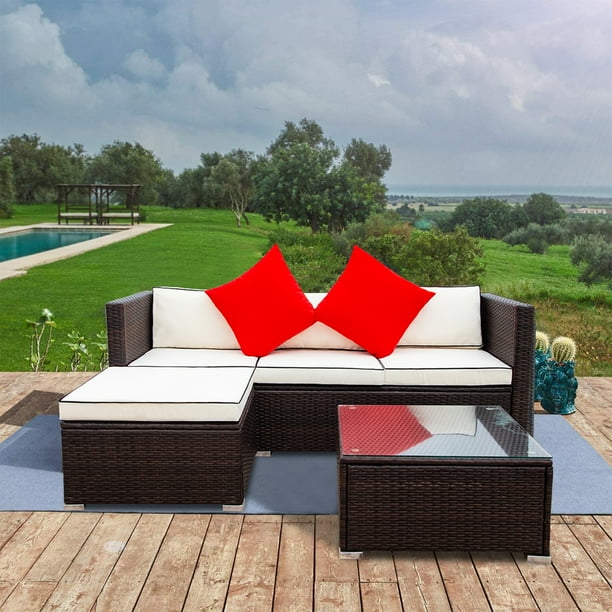 Seventh 3 Pieces Outdoor Patio Furniture Set All Weather Small Sectional Sofa Wicker Rattan L Shaped Couch Conversation With Ottoman Glass Table Red Pillow Q214 Com Pieces Outdoor Patio Furniture Set, Small Outdoor Couch