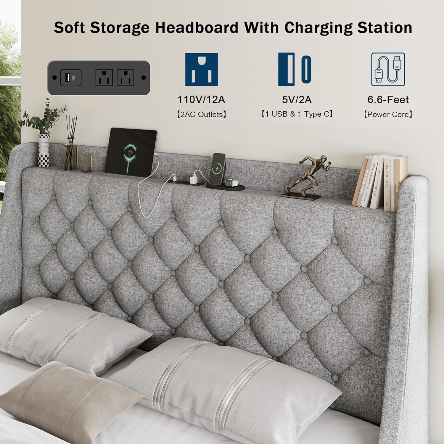Galnfu Queen Bed Frame with 4 Storage Drawers, Giant Upholstered Wingback Headboard, Fast Charging Station, No Box Spring Needed, Noise-Free,Light Gray