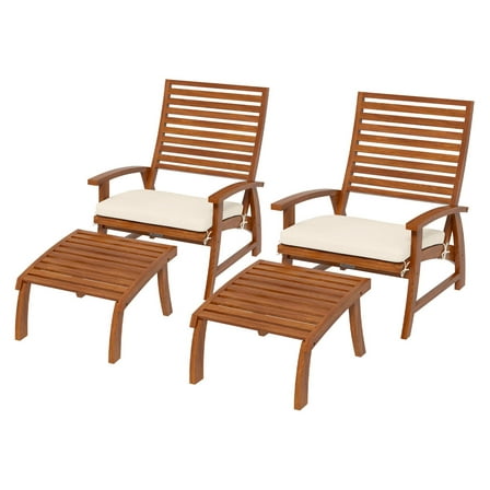 Acacia Wood Patio Furniture Set 4-Piece Outdoor Seating with Cushions & Footstools - Teak Finish - Balcony, Porch, Garden Furniture