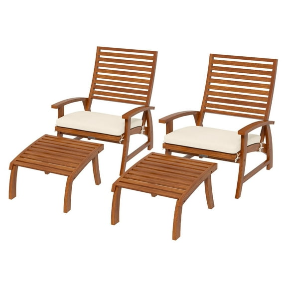 Acacia Wood Patio Furniture Set 4-Piece Outdoor Seating with Cushions & Footstools - Teak Finish - Balcony, Porch, Garden Furniture