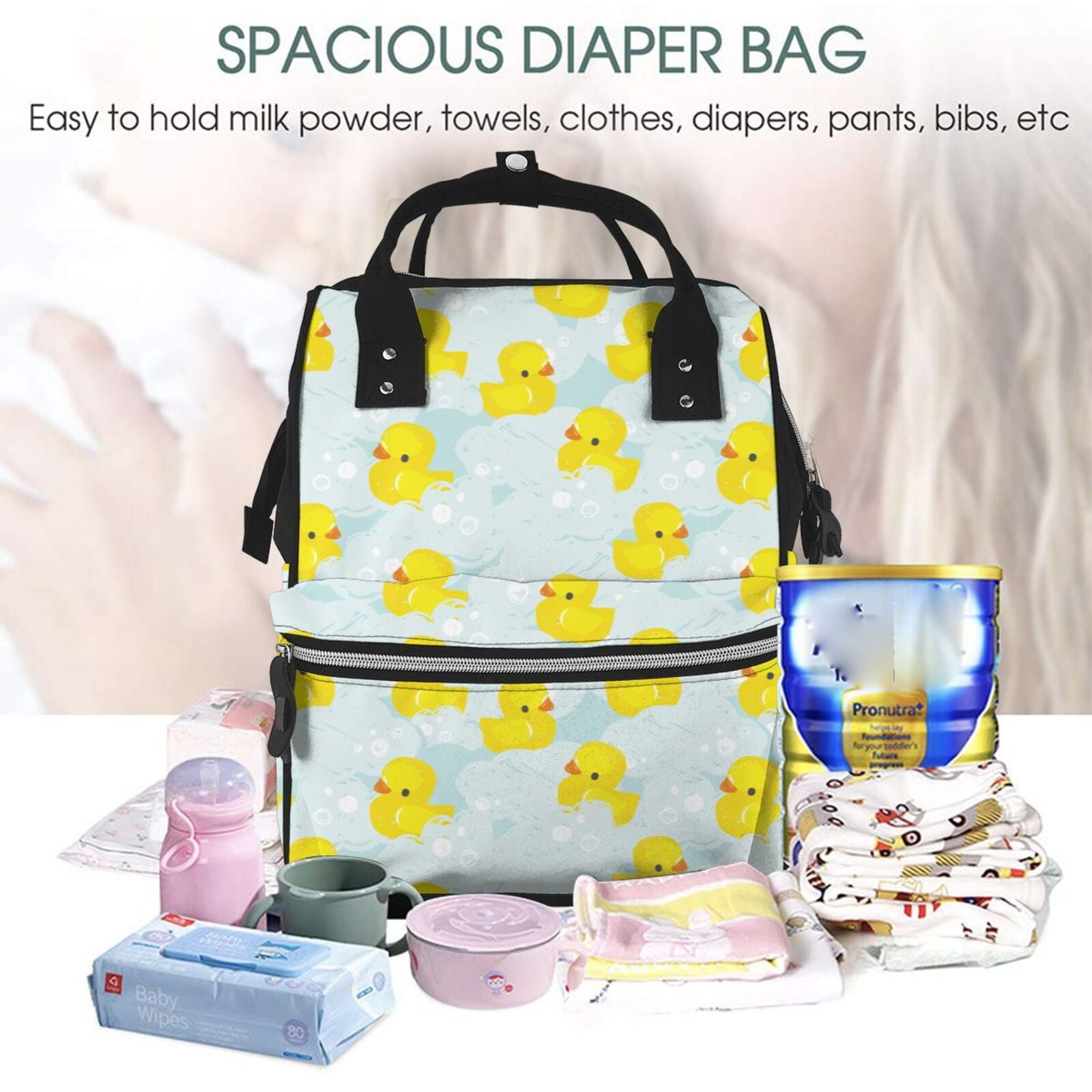 Fuzoiu cute rubber duck Print Diaper Bag Backpack,Baby Essentials Travel Tote,Multi function Waterproof Diaper Bag, Travel Essentials Baby Bag - Unisex