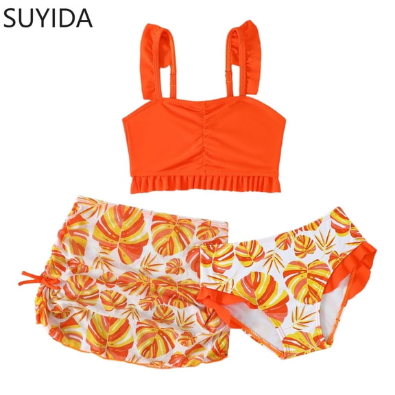 Girls Tankini Swimsuits Size 14-16 Cute Ruffle Bikini Set Adjustable Strap Tankini Sets 3 Pieces Ruched Color Block Bathing Suit