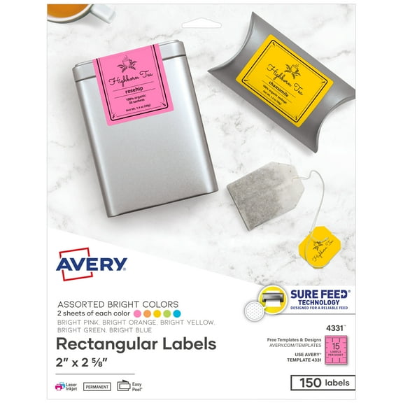 Avery Labels, 2" x 2-5/8", Assorted Bright Colors, 150 Total (4331)