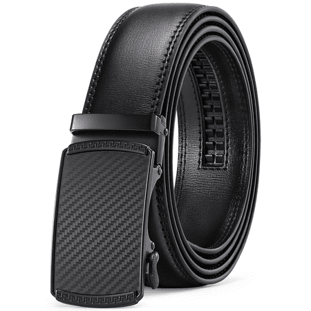Sendefn Men's Leather Belt Automatic Ratchet Buckle Slide Belt for Dress Casual Trim to Fit with Gift Box(B-black-20,34'' to 52'' WAIST ADJUSTABLE)