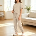 thumbnail image 2 of Bovxnpu Girls Sleepwear 2 Piece Loungewear Set Ribbed Short Sleeve Top and Elastic Cuffed Pants Loungewear Outfits Set, 2 of 7