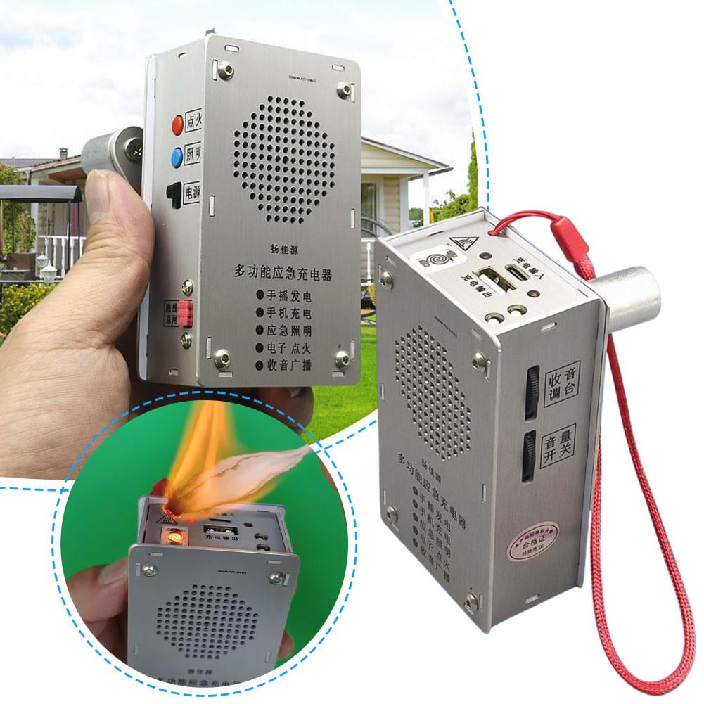 Hand Crank Generator – Portable Emergency Power Bank with Flashlight, FM Radio & Windproof Plasma Lighter, Aluminum Alloy Charger for Camping & Hiking