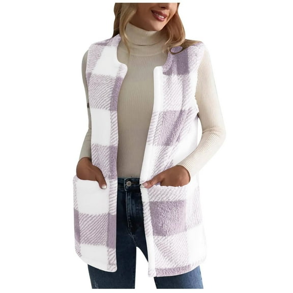 Inleife Women's Winter Vest Women's Plaid Print Patch Patchwork Cardigans Pocket Sleeveless Cardigan Coat Tops