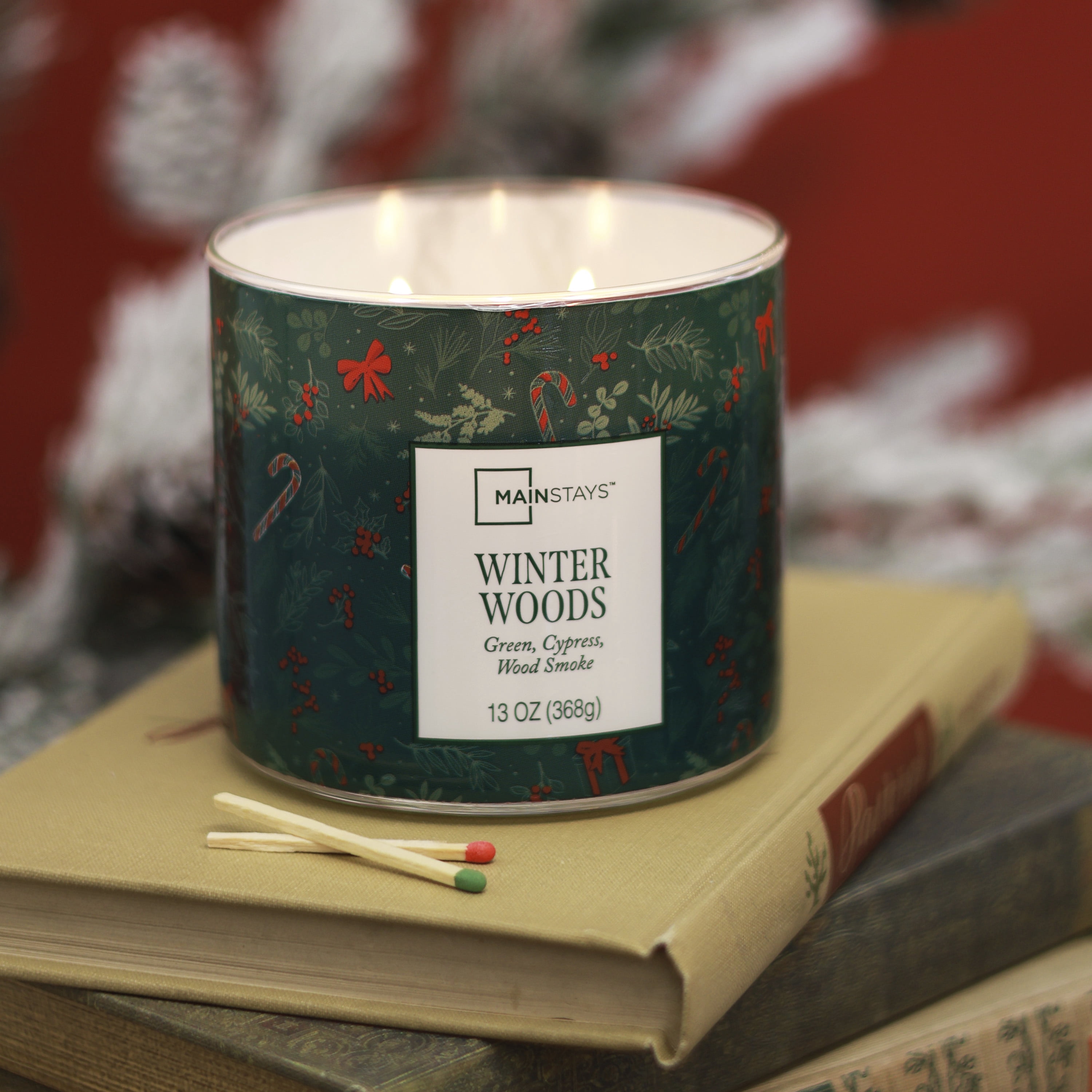 Mainstays 3-Wick Winter Woods Scented Candle with a Green Garland Toss Scene Wrap, 13-Ounce