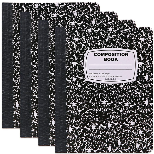 Emraw Cuaderno de composición de mármol con rayas anchas, libros de composición en blanco y negro, 100 hojas (paquete de 4)