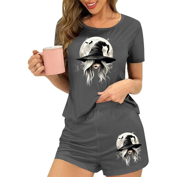 Blmnix Sleepwear Sets Pajamas for Women Halloween Pajamas Summer Pajamas Petite Pjs Sets Crew Neck Short Sleeve Gray Cropped Summer Pajamas for Women Set,M