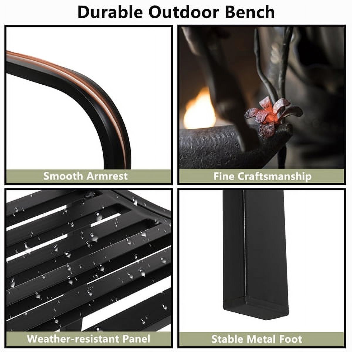 50" Black Outdoor Welcome Bench&nbsp;- 750lb Capacity Weather-Resistant Iron Bench w/ Curved Armrests & PVC Slats - Easy Assembly Patio Seating