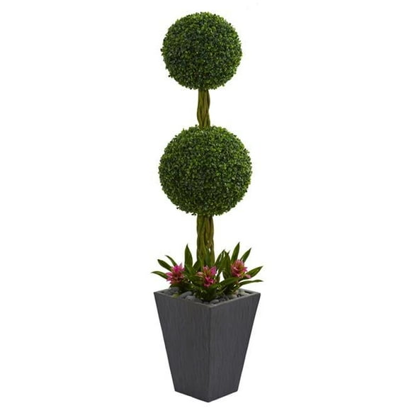 5 ft. Double Boxwood Ball Topiary Artificial Tree in Slate Planter UV Resistant - Indoor & Outdoor