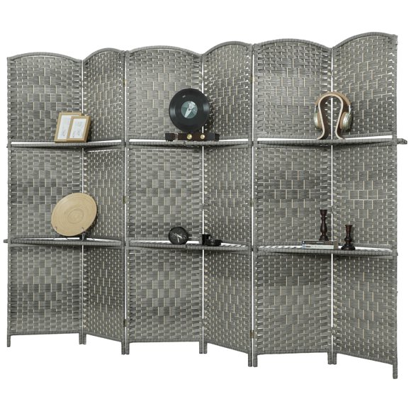 HOMCOM Folding Privacy Screen with Shelves, 6 Panel Room Divider, Grey