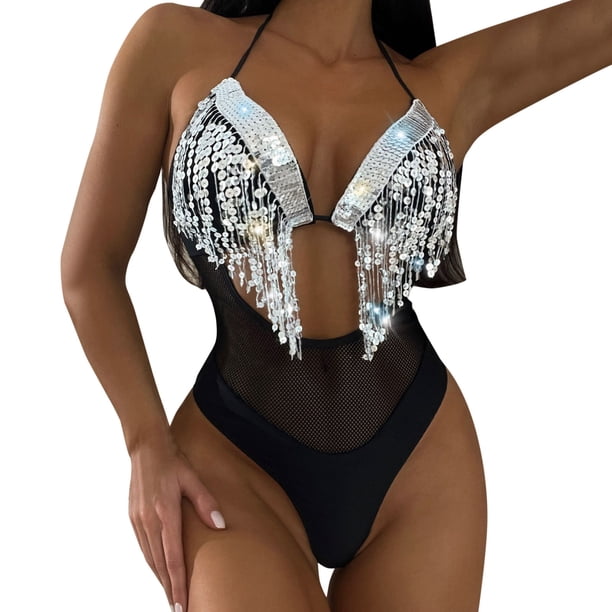Gibobby Trajes de Baño Mujer Traje de baño sexy para mujer con borlas y bikini con correa(Negro,G)