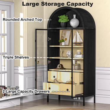 Wrought Studio™ Elegant Light Oak Curio Cabinet With Tempered Glass Doors Led Light Mirrored Back Panel Adjustable Shelves Perfect Display Storage For Home Office W113906609