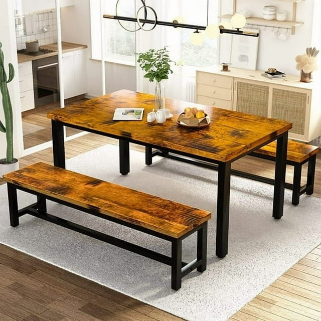 AWQM Dining Table Set with Two Benches, Kitchen Table Chairs Set for 4-6 Persons for Home, Kitchen and Dining Room,Industrial Brown