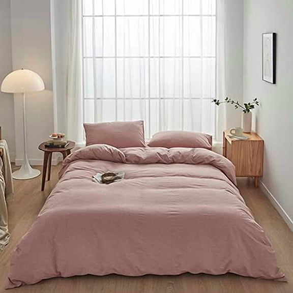 Bedding Duvet Cover Set100% Washed Cotton Duvet Cover Linen Like Textured Breathable Durable Soft Comfy (Full, Old Pink)