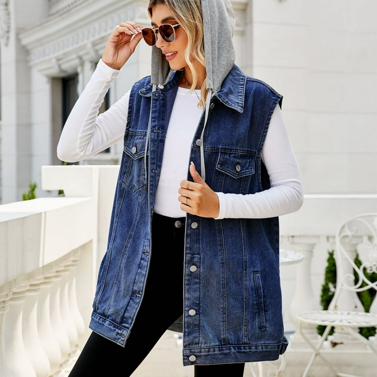 SWSMCLT Women's Hooded Denim Vest Loose Fit Baggy Denim Jacket