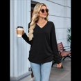 thumbnail image 4 of Camisetas de Mujer con Cuello en V, Larga, Informales, Básicas, Lisas y Suaves Negro XL, 4 of 10