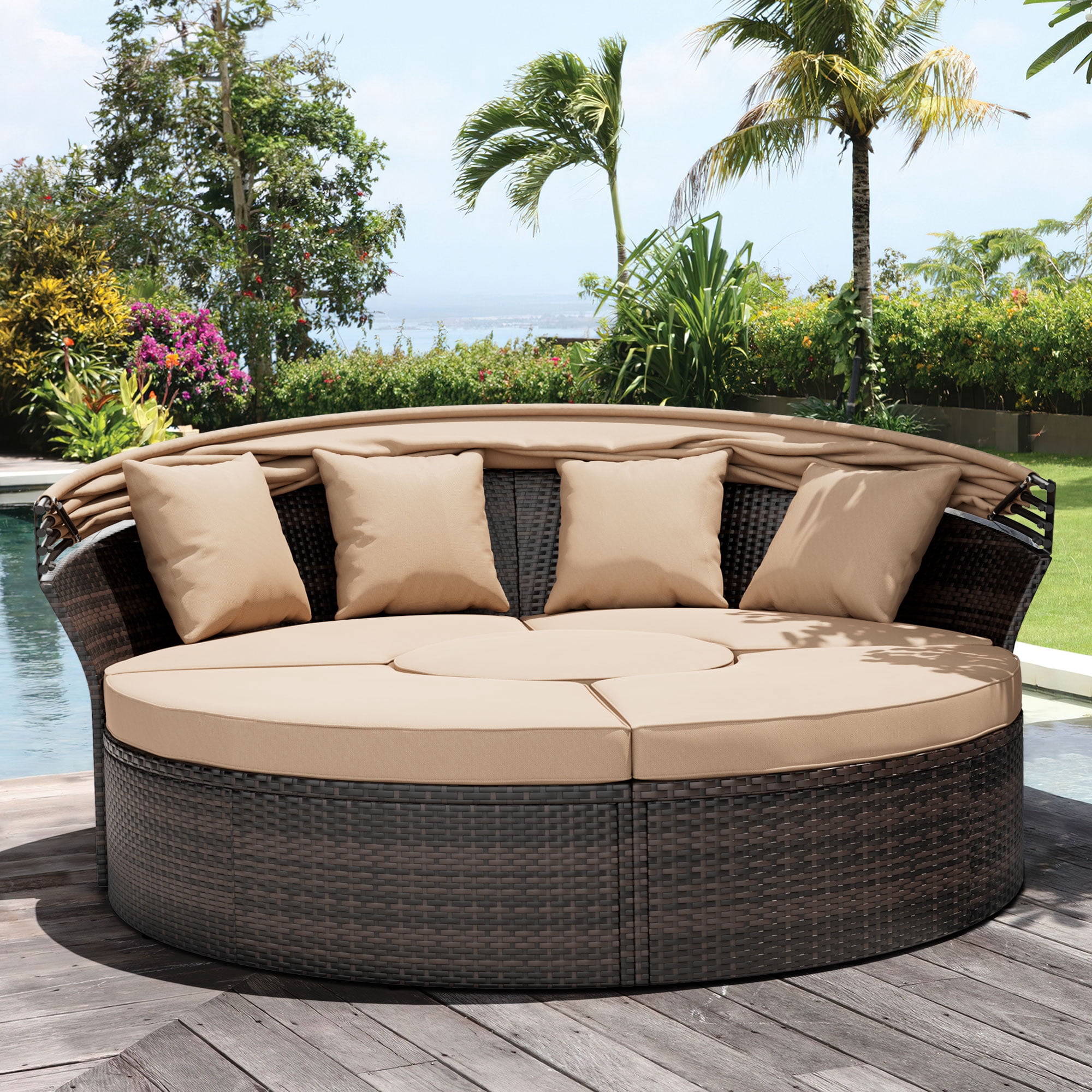 SUNCROWN Outdoor Rattan Round Retractable Canopy Daybed Patio Sofa Furniture Brown Clamshell Sectional Seating with Washable Cushions