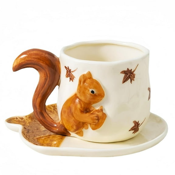 3D Squirrel and Maple Leaf Ceramic Coffee Mug Set with Acorn Saucer, Tea Cup, Dessert Plate