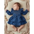 thumbnail image 5 of BemeyourBBs Newborn Baby Girl Denim Romper Dress Outfits Jeans Smocked Dress Cute Girls Spring Summer Clothes Casual Long Sleeve Bodysuit Bow Headband 2 Pcs Set, 5 of 8