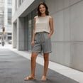 thumbnail image 4 of GUACER Women's Linen Shorts Fashion Bermuda Drawstring Pockets with Hollow Side Beach Shorts, 4 of 9