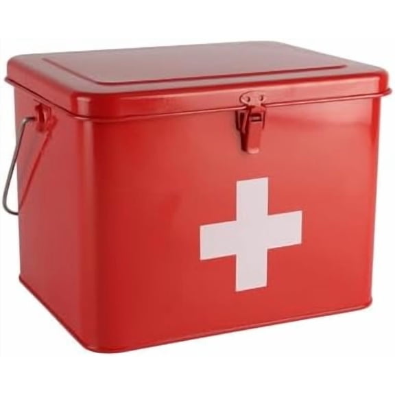 First Aid Box, Metal Medicine Box, 3 Dividers Medicine Kit Case Organizer Empty, First Aid Storage Box Kit with Safety Lock & Handle, Emergency Supplies Storage Box for Home Office (Red)