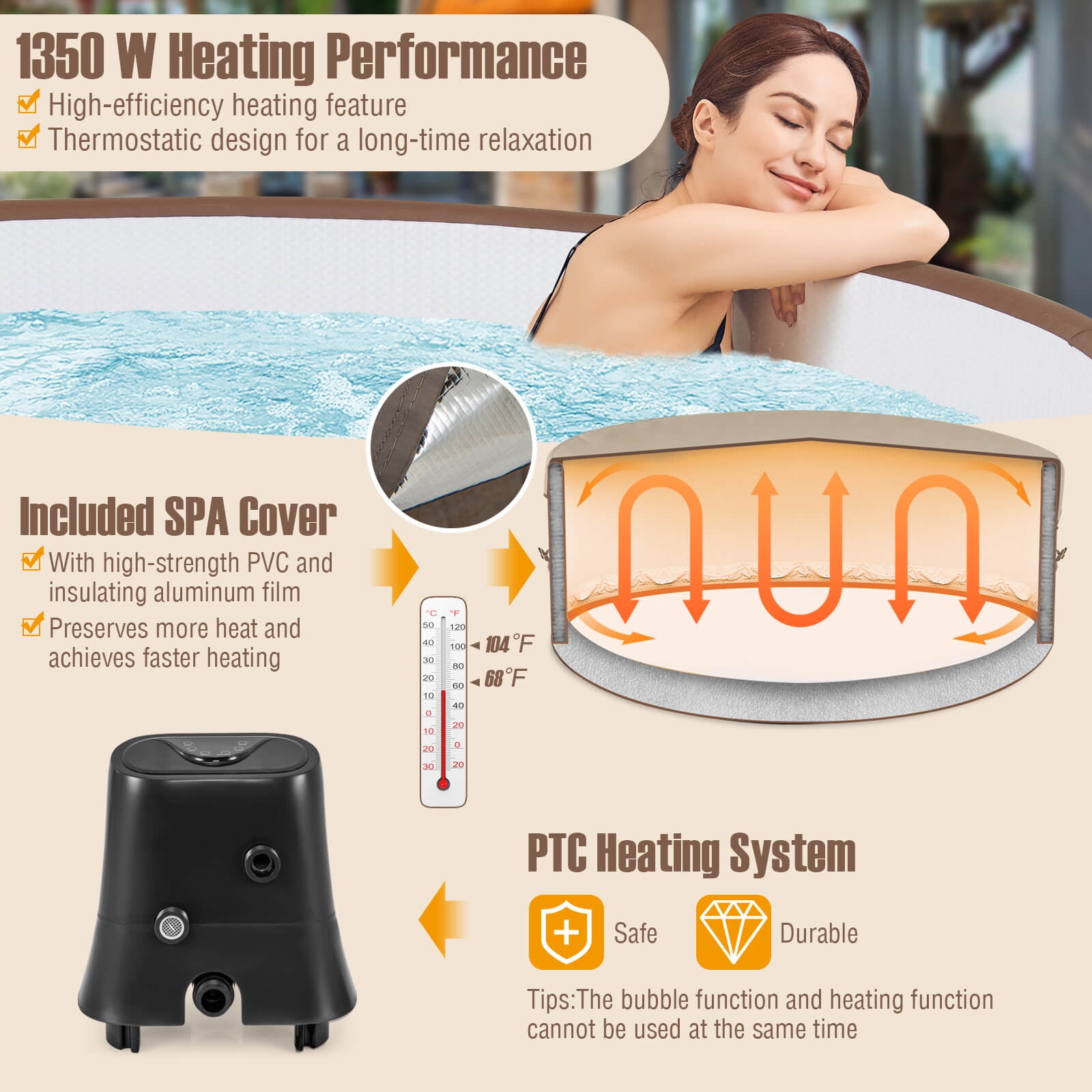 Costway 72" Inflatable Hot Tub SPA with 120 Air Jets Electric Heater Pump Manual Air Pump
