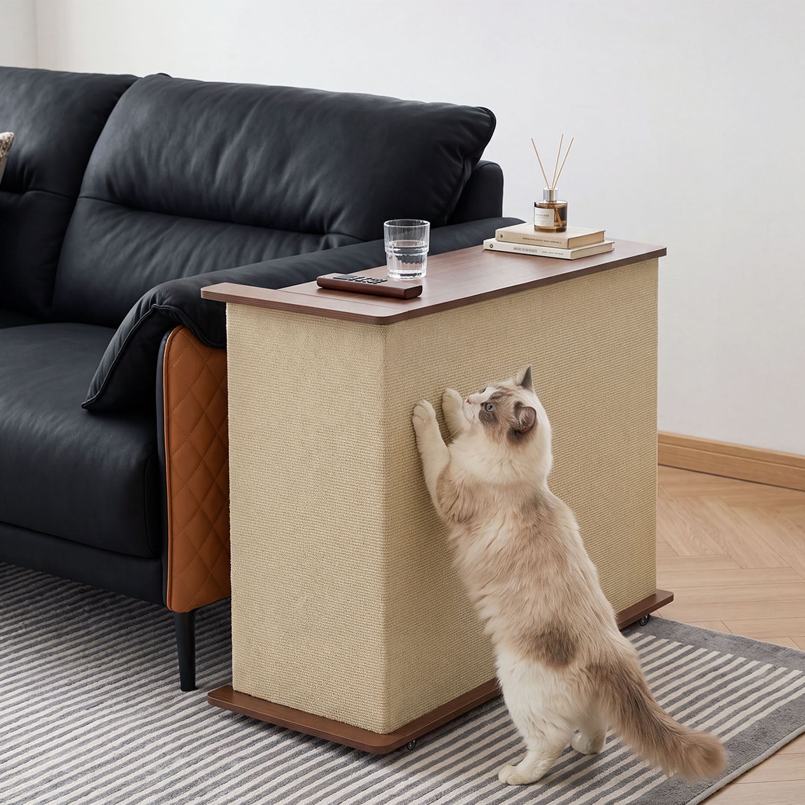 2-in-1 Cat Scratcher Side Table In Wood With 360 Degree Locking Wheels Hidden Storage and Natural Sisal Scratching Pad For Living Room