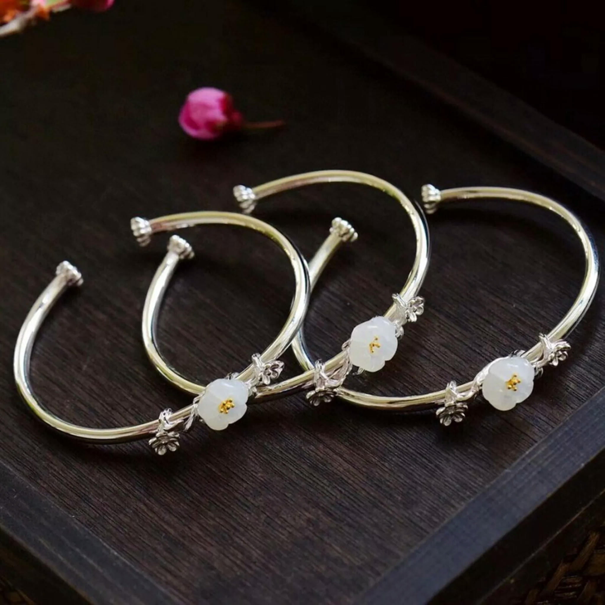 HOOUN 1PCS Pure S925 Sterling Silver Bangle Nephrite Jade Women Flower Cuff Bracelet