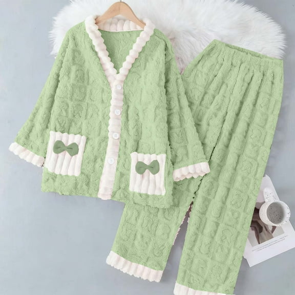 uublik Adult Pajama Sets Women Fleece Long-Sleeve Button Front Shirt and Pant Pajama Set Green
