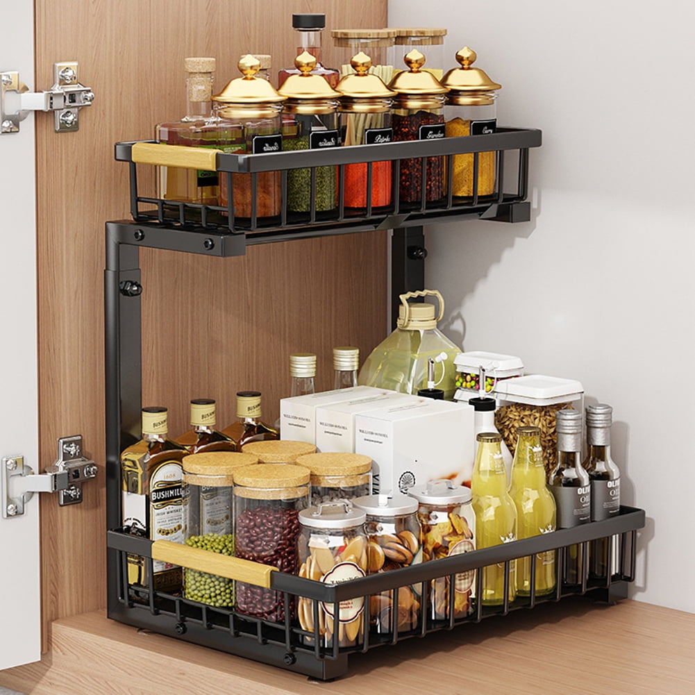 Historyli 2-Tier Under Sink Organizers Sliding Pull-Out Cabinet Storage Shelf,Metal Drawer for Bathroom Pantry Closet Organization Rack Rust-Resistant Heavy-Duty,Adjustable Height(16.5-19.2''),Black