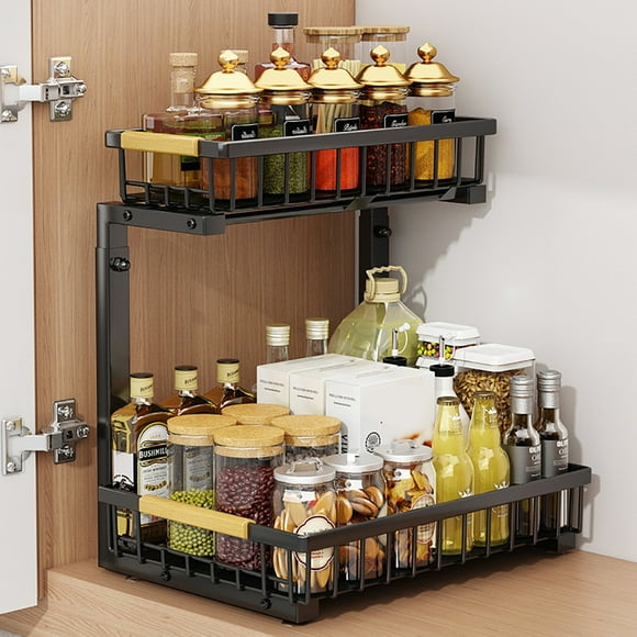 2-Tier Under Sink Organizer Pull Out Cabinet Storage, Adjustable Height 16.5-19.2 inch, Heavy Duty Carbon Steel Under Cabinet Kitchen Bathroom Organizer with Non-Slip Suction Cups