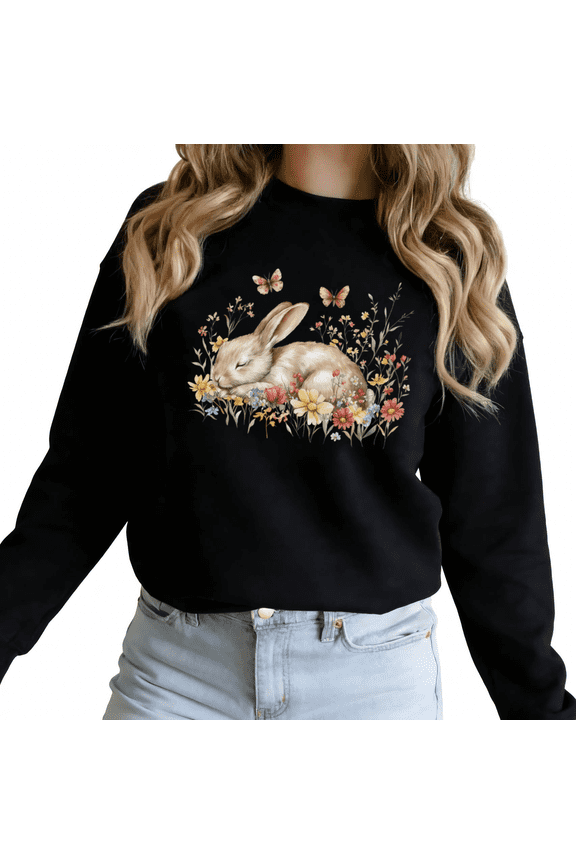 Black Print Sweatshirt Graphic Sweatshirt S-3XL Watercolor Easter Bunny Floral Butterfly Print Spring Casual Tops