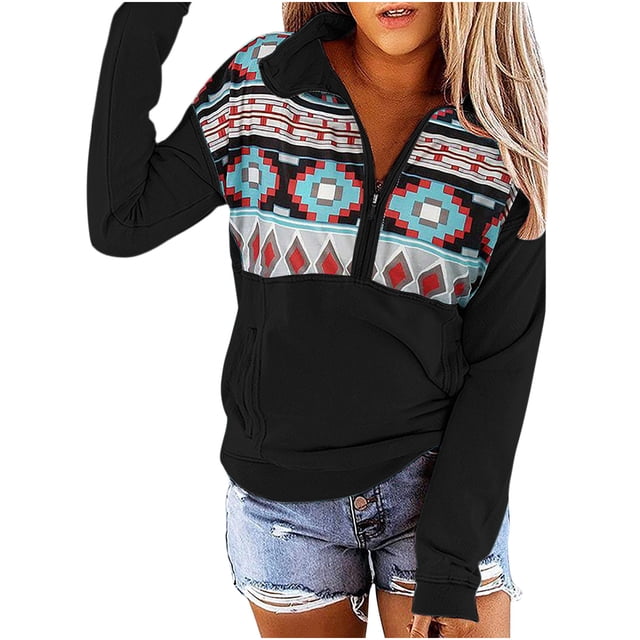 Sudadera con estampado étnico de manga larga con cuello redondo y manga larga suelta divertida Vintage para mujer Pompotops gfhjh3647