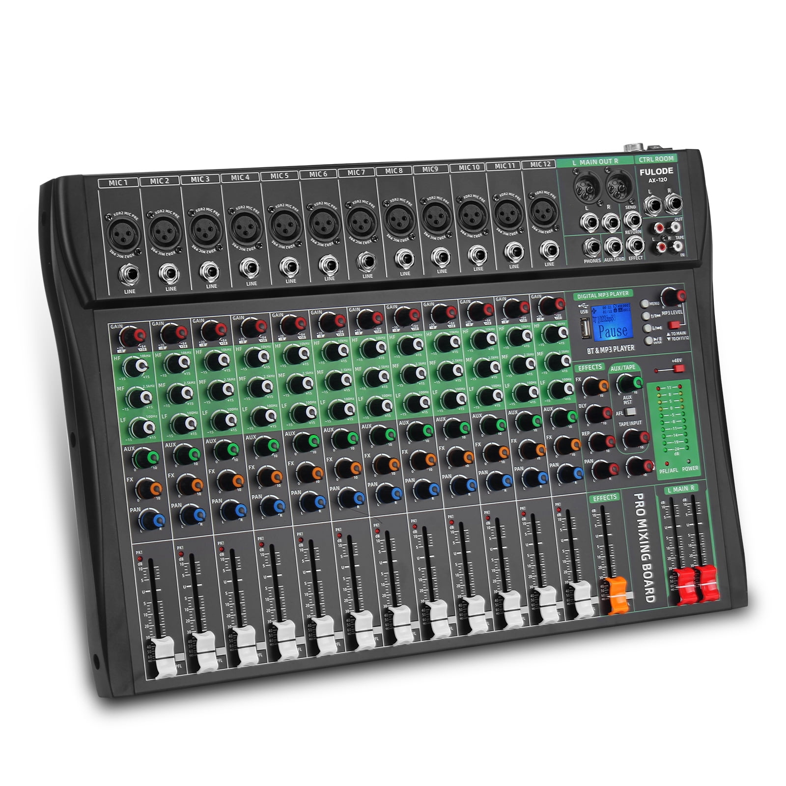 12 Channel Audio Mixer, Professional DJ Mixer Board Sound Music Mixing Console Digital Mixer with Reverb, Bluetooth, USB Port, 48V Phantom Power for Recording Karaoke Podcasting