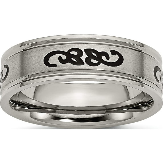 Titanium Brushed With Black Rubber Design 7mm Ridged Edge Band (Size 9.5) Made In China tb277-9.5