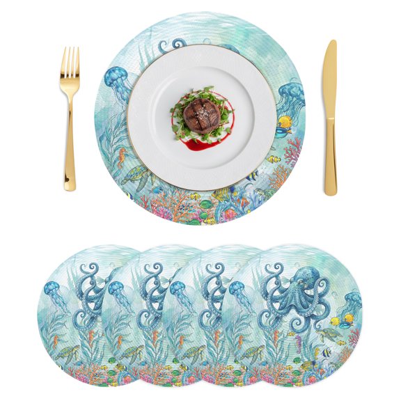 Round Placemats Octopus Coastal 15 inch Set of 4 Table Mats for Dining Table Ocean Jellyfish Seahorses Corals Light Green Heat Resistant Non-Slip Kitchen & Home Decorative Place Mat Set