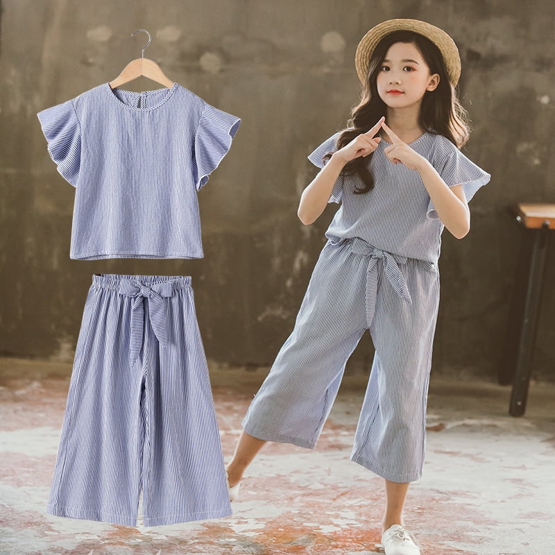 2022 Vetements d Ete Ensemble Filles Enfants Tenues a Rayures Hauts a Manches Courtes Pantalons Larges Vetements pour Enfants 5 6 7 8 9 10 11 12 Ans Walmart