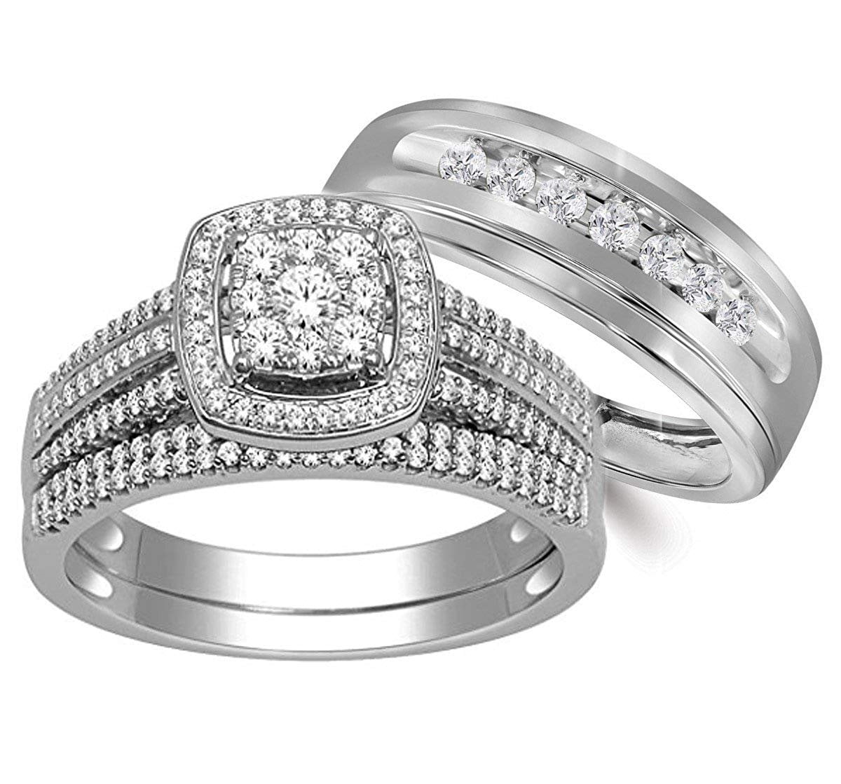 His & Her Men Women Diamond Engagement Trio Wedding Ring Set 14K White Gold Over 