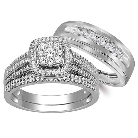 Midwest Jewellery 10K White Gold His And Her Rings Trio Wedding Rings Set 3/4ctw Diamonds (i2/i3, I/j)