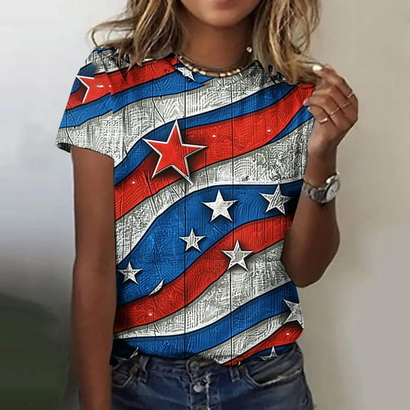 4th of July T Shirt 4th of July T Shirt for Women 4th of July Women Shirt Women American Flag Top Patriotic Womens Tee Ladies' Independence Day Printed Round Neck Short Sleeved T-Shirt Loose Top