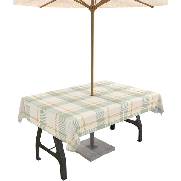 Outdoor Tablecloth with Umbrella Hole and Zipper 60 x 102 Inch Beige Sage Green Classic Plaid Table Cover for Rectangular Tables Waterproof Tabletop Collection for Patio Garden Picnic Camping
