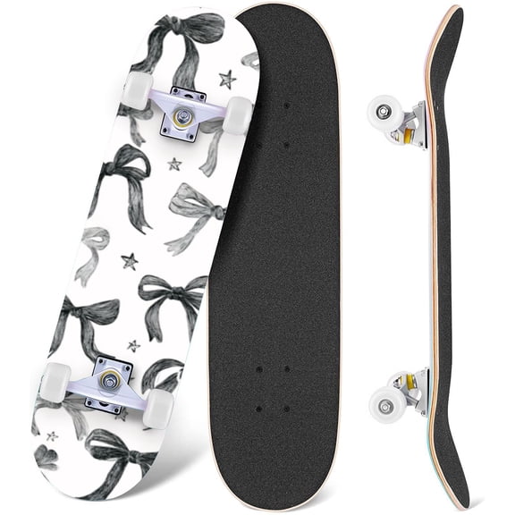 Hand Drawn Ribbon Bows Small Stars Black White 31" x 8" Complete Skateboard, 7-Ply Canadian Maple Double Kick Trick Board for Kids and Beginners Adult Gifts