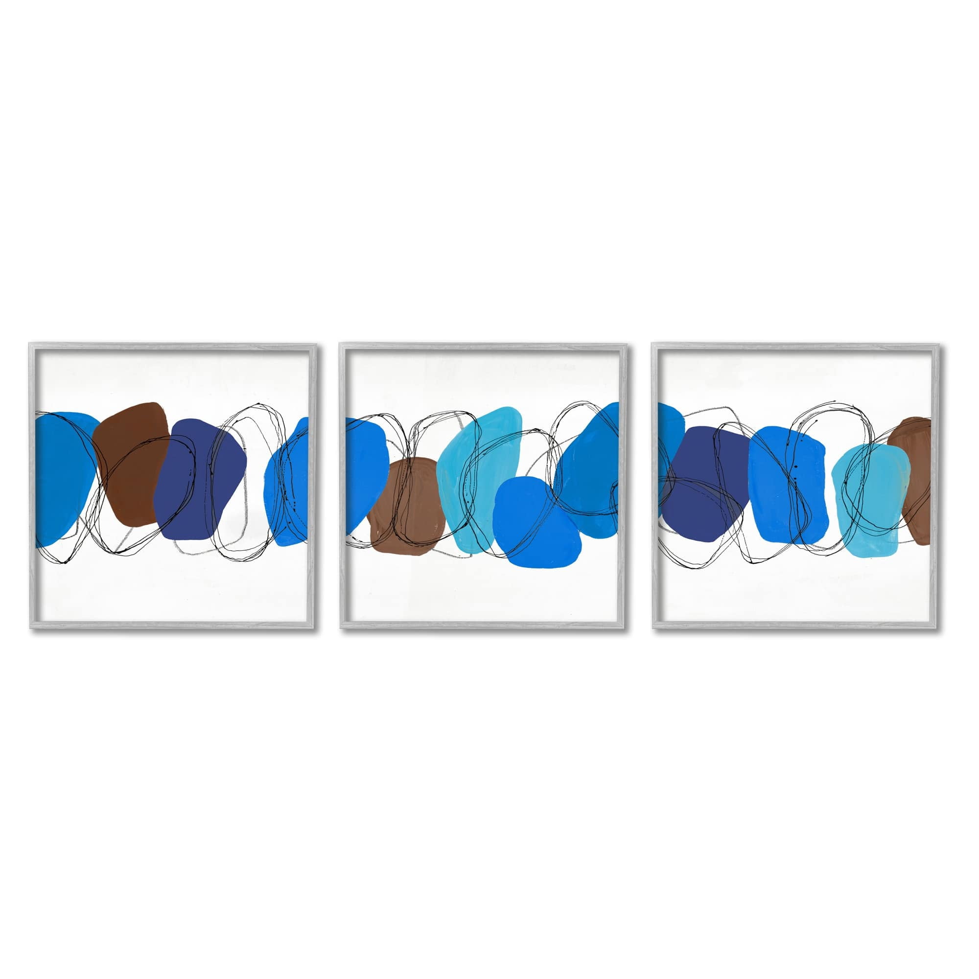 Stupell Industries Modern Oblong Blue Shapes Geometric Abstract Scribble Graphic Art Gray Framed Art Print Wall Art, Set of 3, Design by Ruth Fromstein