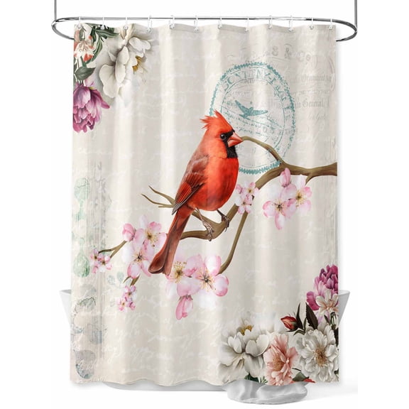 Fsddascl Spring Red Bird Shower Curtain Set - Small 36" x 72" Washable Bathtub Curtain with 12 Hooks, Summer Vintage Branch Floral Beige Waterproof Fabric Stall Shower Curtains for Bathroom/Bathtub