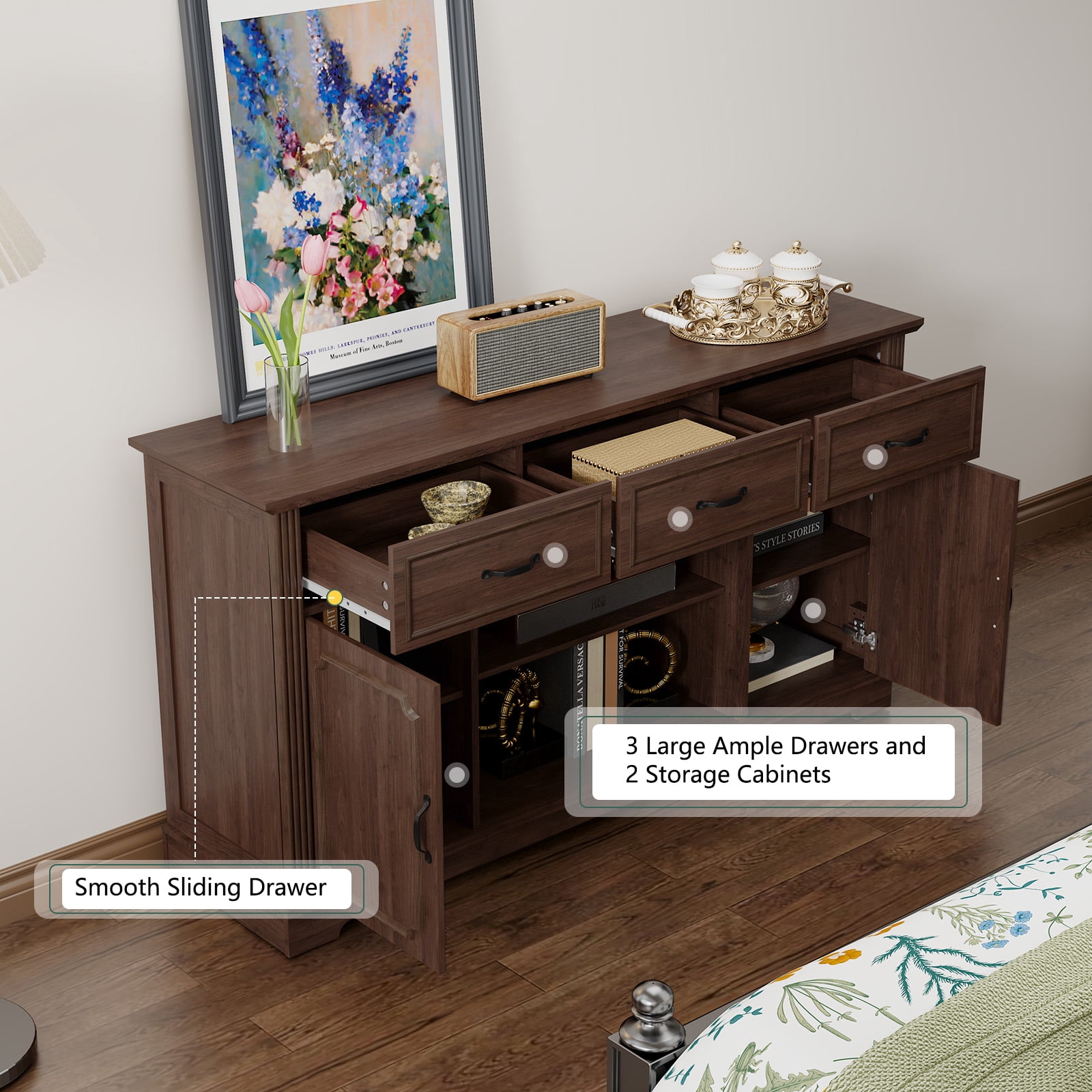 HLR Mid Century 60" TV Stand for TV up to 65", Entertainment Center with Drawers Storage for Living Room, Brown